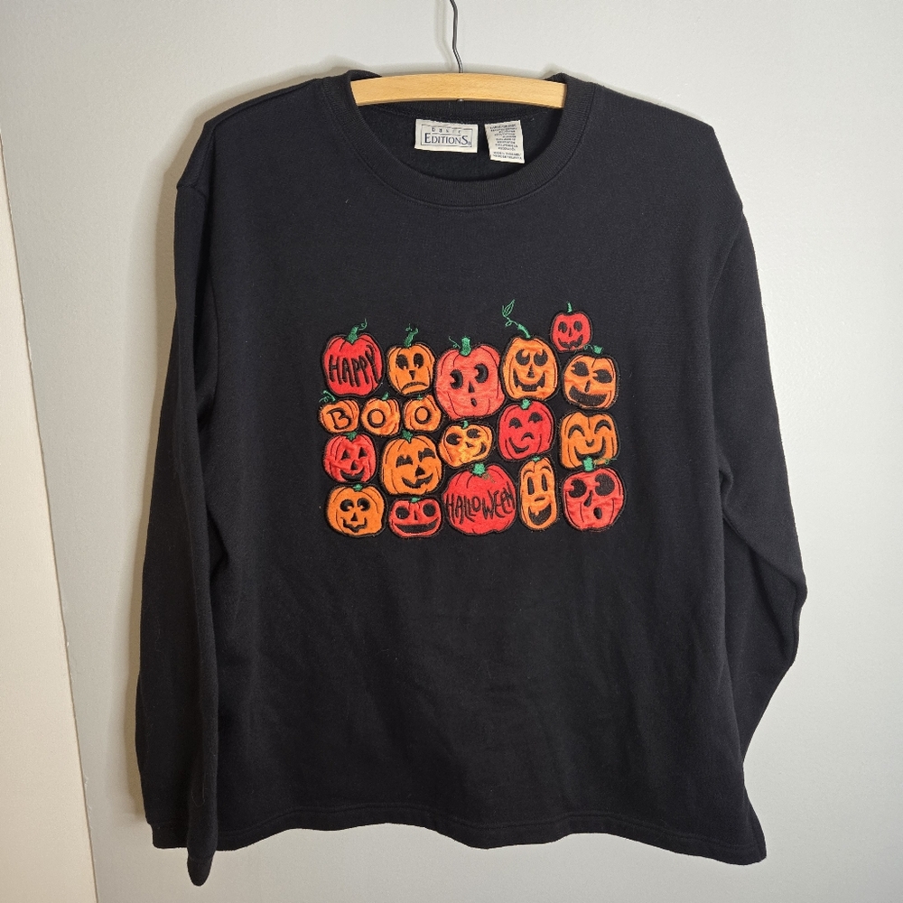 Basic Editions Black Pumpkin Patch Halloween Swea… - image 1